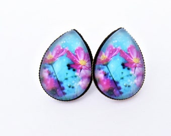 Flower earrings, Pink Teardrop earrings, Fushia Flower Large Teardrop earrings, Large Flower earrings
