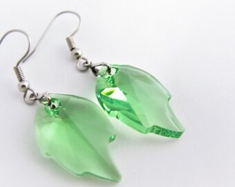 Leaf Swarovski Crystal Earrings, Hypoallergenic Leaf Dangle Crystal Earrings, Peridot Green Leaf Earrings, Crystal Leaf Dangle Hook Earrings