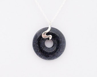 Small Round midnight blue necklace, Unique Blue Goldstone necklace, Semi-Precious Gemstone Pendant on Sterling Silver 925 bail & chain