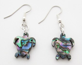 Turtle Paua Abalone earrings mounted on Stainless Steel with hypoallergenic hooks, Natural Blue Green Turquoise Purple Shell earring