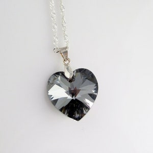 Dark Gray Heart necklace - 18mm Swarovski Crystal Element Heart pendant on Sterling Silver 925 - Dazzling Black Diamond, Silver Night