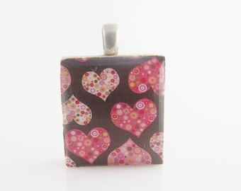 Heart necklace, Heart pendant, Pink Hearts Scrabble Necklace, Colorful hearts necklace, Scrabble Tile Heart Pendant on Sterling Silver 925