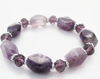 Amethyst Bracelet, Gemstone bracelet, Amethyst nuggets elastic bracelet, Purple Bracelet, Amethyst gemstone and Purple Czech crystals