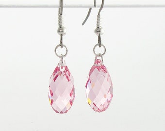 Light Pink earrings, Swarovski Crystal Soft Pink Briolettes earrings on Sterling Silver 925, surgical steel hooks, multifaceted pink earring