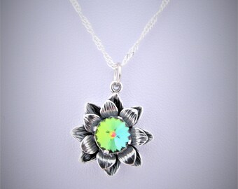 Dark Rainbow necklace, Green, Red, Blue Crystal Flower Pendant, Swarovski Crystal pendant on Flower Silver setting necklace