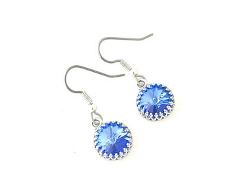 Blue Crystal Drop earrings,Sapphire Blue earrings, Sterling Silver&surgical steel, Swarovski Sapphire Drop earrings