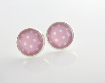 Pink Polka dots earrings - Light Pink & white polka dot, Small studs, Plated Silver Post settings, small round earrings, pink earrings