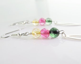 Long Gemstone earrings, Tourmaline earrings, Green, Pink, Yellow gemstone earrings on Sterling Silver 925, multicolored earrings