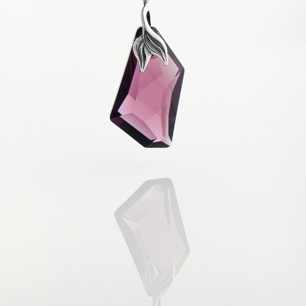 Amethyst Swarovski Crystal Asymetrical Necklace, purple mauve crystal pendant on Sterling Silver 925