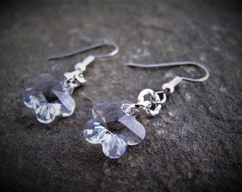 Crystal Flower Earrings, Sparkling Swarovski Clear Crystal earrings,  Multifaceted clear dazzling crystals