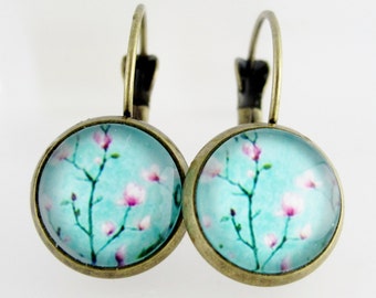 Blue Dangle earrings, Round Flower earrings, Flower Post earrings, Blue Poppy Earrings, Blue flowers earrings, Round drop flower earrings