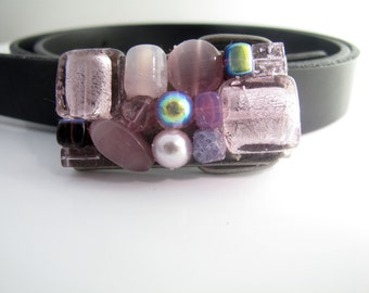 Rectangle Purple Crystal Beadded belt buckle Swarovski crystals, pearls & glass beads, beadded belt buckle, Small buckle, Purple buckle