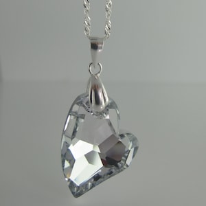 Sparkling Silver Heart pendant, 27mm Swarovski Crystal Element Asymetric Heart necklace mounted on Sterling Silver 925