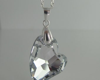 Sparkling Silver Heart pendant, 27mm Swarovski Crystal Element Asymetric Heart necklace mounted on Sterling Silver 925