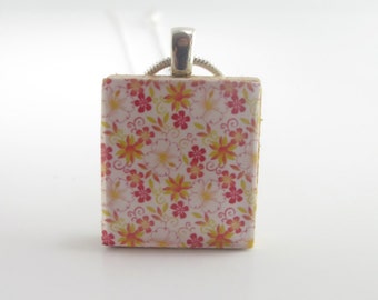 Cute flower pendant - Pink and Yellow flowers on white background Scrabble Tile Charm Necklace mounted on Sterling Silver 925 bail and chain