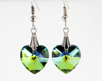 Green Hearts earrings, Green Color changing Crystal Heart earrings,  Swarovski Hearts Crystal Earrings, Multicolor earrings