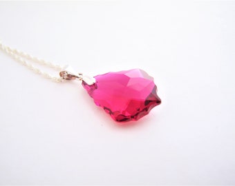 Fushia - Ruby Swarovski Crystal Element pendant on Sterling Silver 925 necklace, Hot Pink Swarovski Crystallized Element, Deep pink pendant