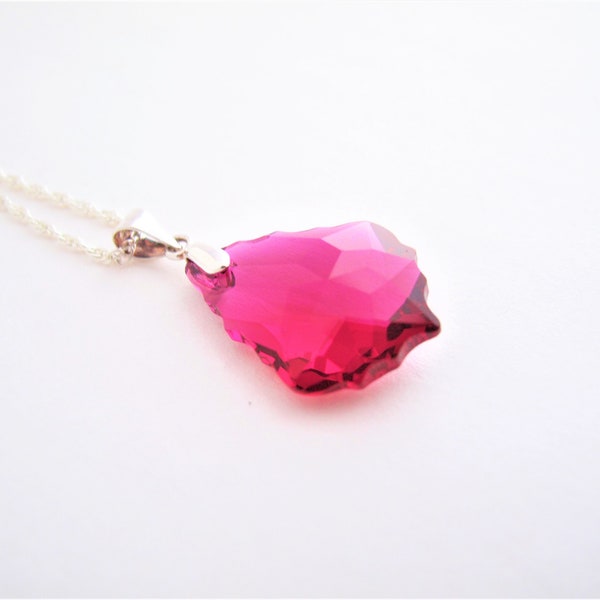 Fushia - Ruby Swarovski Crystal Element pendant on Sterling Silver 925 necklace, Hot Pink Swarovski Crystallized Element, Deep pink pendant