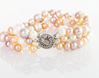 Multistrand Pearl bracelet - Cream, Peach and Lavendar Freshwater pearls multistrand bracelet, Sterling Silver clasp, Elegant Pearl bracelet