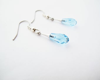 Light Blue dangle earrings, Aquamarine Swarovski Crystal Soft Blue Multifaceted Briolettes on Sterling Silver 925 & surgical steel hooks