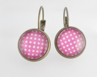 Pink Polka Dot earrings, Pink and White Polka Dot earrings on Antique Bronze setting, White Polka Dot on pink background earrings