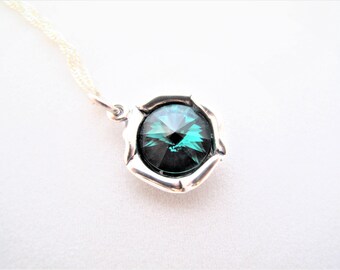 Emerald necklace, Dark Green Swarovski Crystal Element pendant on Sterling Silver 925 chain & bail