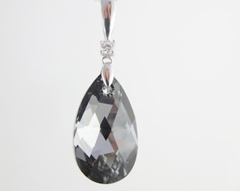 Dazzling Dark Gray Swarovksi crystal, Gray Silver Night, Black Diamond Swarovski Crystal Element pear pendant, Sterling Silver 925 necklace