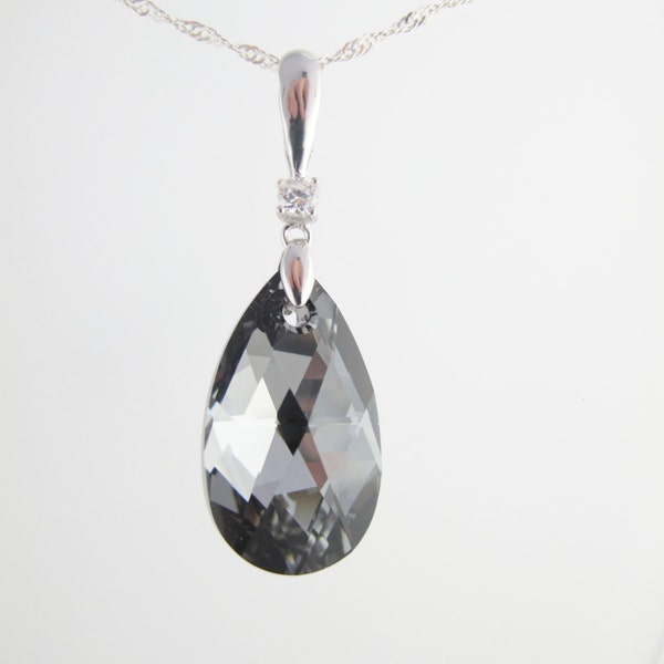 Dazzling Dark Gray Swarovksi crystal, Gray Silver Night, Black Diamond Swarovski Crystal Element pear pendant, Sterling Silver 925 necklace