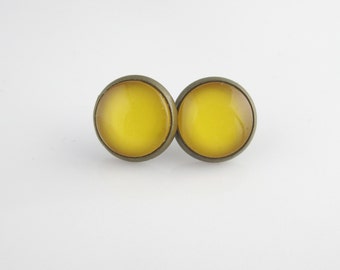 Vintage Yellow earrings, Small studs, post Antique Copper settings, small round earrings, Mustard Yellow earrings