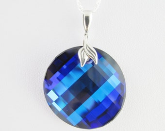 Cobalt Blue Crystal Pendant, Sparkling Round Swarovski Crystal pendant on Sterling Silver 925, Deep Blue Round Peacock crystal necklace