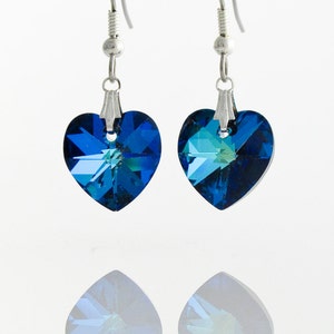 Cobalt Blue - Bermuda Blue Heart earrings on Sterling Silver 925,  14mm Heart Swarovski Crystal Element, Valentine gift idea, Bermuda hearts