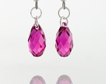 Fushia Swarovski Crystal Fuchsia Pink Briolettes earrings on Sterling Silver 925 with surgical steel hooks, multifaceted hot pink earrings