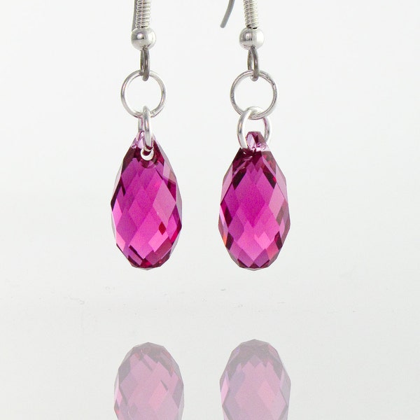 Fushia Swarovski Crystal Fuchsia Pink Briolettes earrings on Sterling Silver 925 with surgical steel hooks, multifaceted hot pink earrings