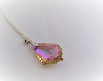 Rainbow Champagne Necklace, Golden Rainbow Swarovski Crystallized Baroque Pendant, Crystal Pendant on Sterling Silver 925