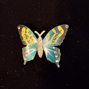 Vintage Mid-Century Enamel Butterfly Brooch Pin Gold Tone Retro Blue Yellow Red