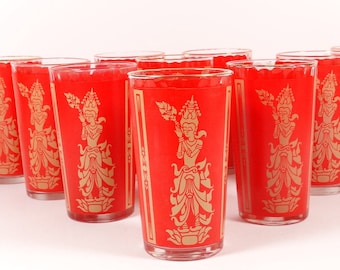 Vintage Red and Gold Goddess Glasses Set of 10 Retro 50s Barware Vintage Glasses Bar Juice Tumblers Hindu Indian Goddess Budda Thai Tiki Bar