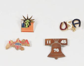 Vintage Patriotic Lapel Pin Set - Liberty Bell Statue of Liberty Eagle USA Flag