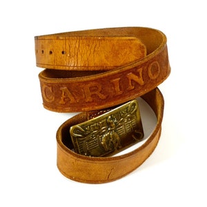 Vintage Embossed Leather Belt - Carino Western Style Belt Tooled Leather Belt 41&quot; Brass Buckle Cowboy Cowgirl