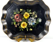 Vintage Large Tole Tray - Fluted Edge Tole Tray Toleware Hand-Painted Tray Floral Tray Tea Tray Bar Tray