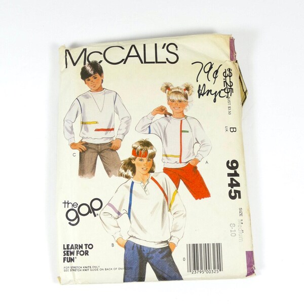 1984 McCalls 9145 Sweatshirt Pattern - Size M 8-10 Girls or Boys Pullover Stretch Knit Athletic Wear 80s Kids Patterns