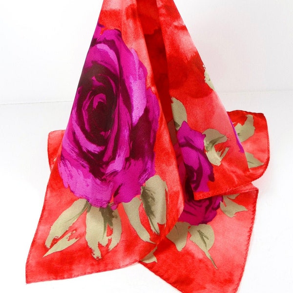 Vintage Square Silk Scarf - Roses Pattern Valentines Day Red Roses Love Something Old - Red Pink Roses