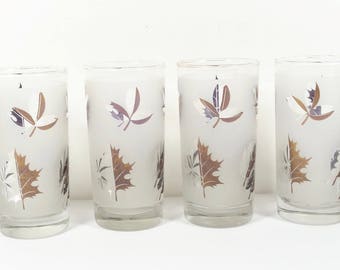 Libbey Glasses Gold Leaf Glasses Golden Foliage Gold Leaves Frosted Midcentury Tumblers - Set of 4