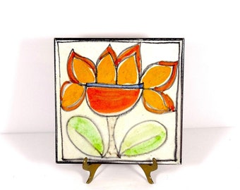 Vintage De Simone Tile - Vintage Italian Ceramic Tile Orange Flower Tile Midcentury Italian Ceramics Vintage Italian Tile