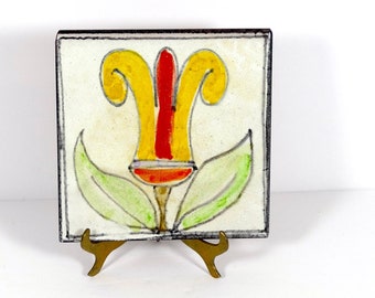Vintage De Simone Tile - Vintage Italian Ceramic Tile Yellow Red Orange Flower Tile Midcentury Italian Ceramics Vintage Italian Tile