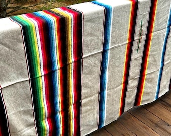 Vintage Rainbow Serape Cotton Blend Finely Woven Striped Mexican Blanket Vintage Serape