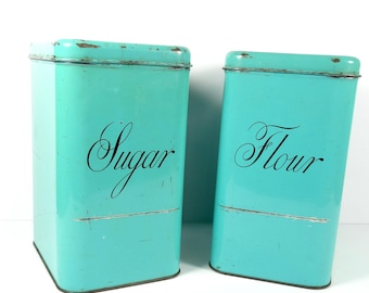 Vintage Harvell Space Saver Turquoise Canisters Vintage Metal Canisters Sugar Flour 1950s Canisters