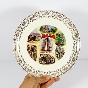 May include: A white ceramic plate with a gold rim and a printed image of Ruby Falls, Lookout Mountain, Tennessee. The image includes a waterfall, a lookout tower, a Confederate cannon, and a view of the mountain.