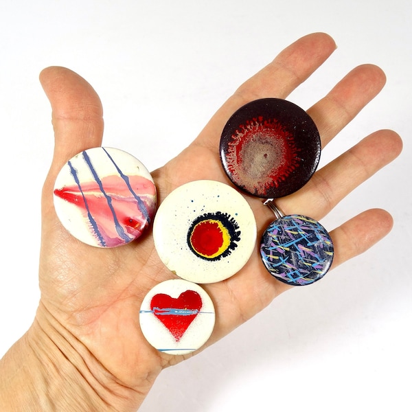 OOAK 1980s Art Button Collection - Set of 5 Handmade Art Miniatures Wearable Art 80s Art Pinback Button Collection