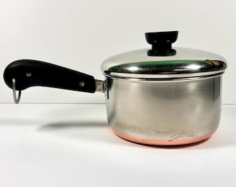 Revere Ware Process Patent Copper Bottom 2 Qt Pot with Lid, Vintage Midcentury Copper Clad Bakelite Saucepan RW487