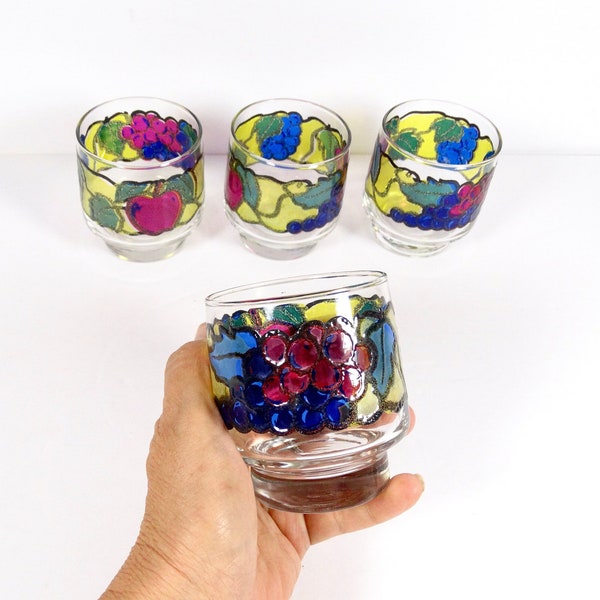Cute Libbey Stained Glass Fruit Juice Glases  Set of 4 Stained Glass Style Juice Glasses 1970s Juice Glasses Vintage Glassware